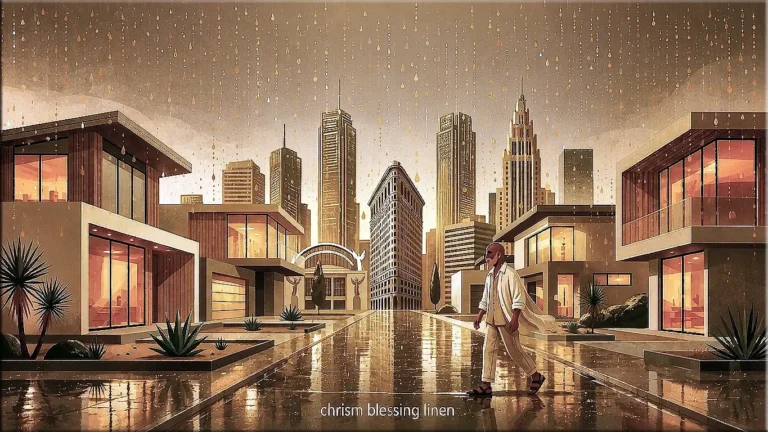 Graphic of a man wearing linen and strolling across the street near downtown Fort Worth as chrism is falling from the sky.